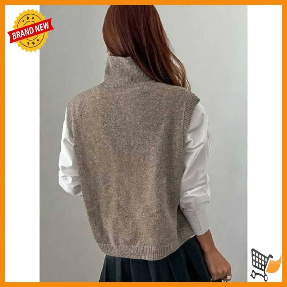 Cotton Blend Turtleneck Crop Sweater Vest Sleeveless Loose Fit